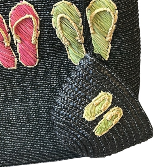 Straw Woven Black Beach Summer Large Tote with Flip Flops design + small bag - Picture 3 of 15